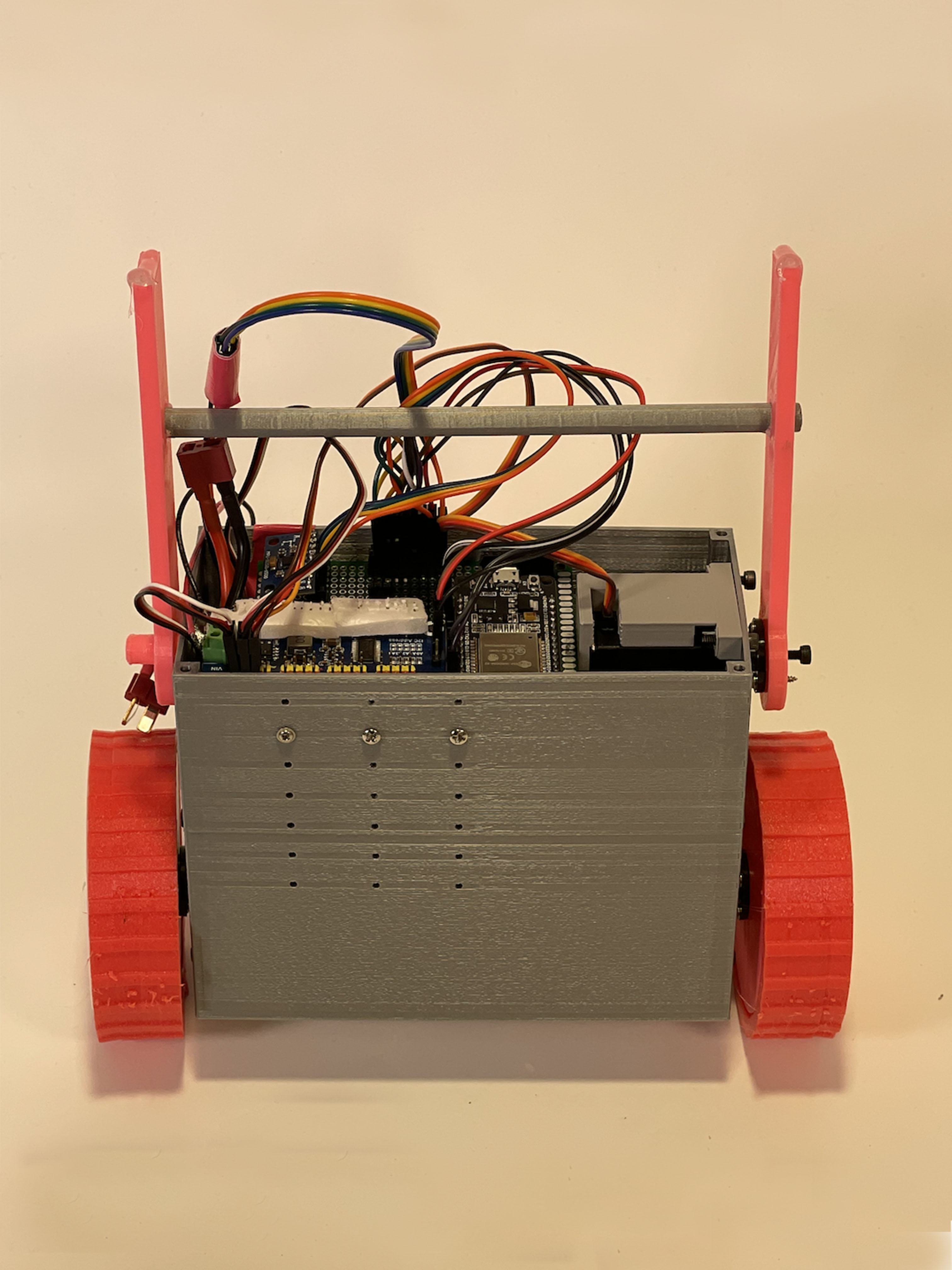 Self Balancing Robot that could pick itself up using its arms and balanced with combined sensor data from a Lidar and an IMU. Filtered the IMU data and used a PD controller for balance. The Lidar was used to determine default conditions and when the robot had fallen over, used LIDAR information to pick itself up.